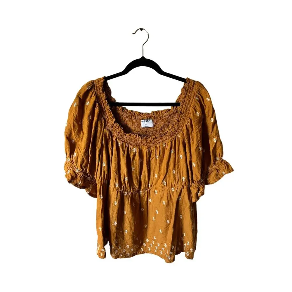 Old Navy Gold Puff Sleeve Smocked Embroidered Babydoll Blouse Plus Size XXL